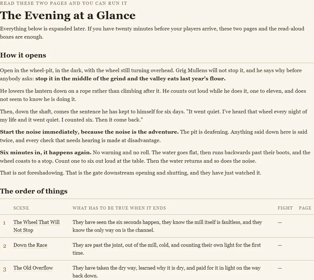 The evening at a glance page