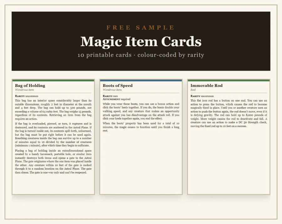 Magic Item Cards — free sample: free printable page 1