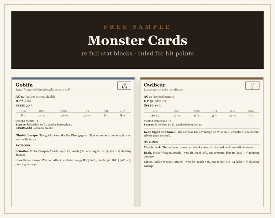 Monster Cards — free sample: free printable page 1